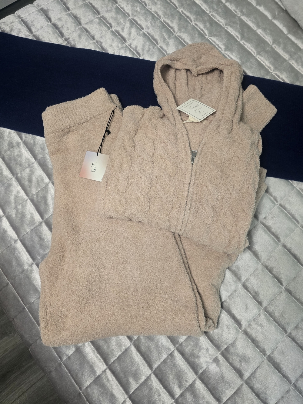 Women's Hooded Zip Sweater in Beige - Cozy Knit Pullover With Matching Pants